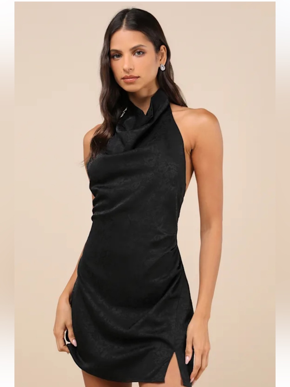 NWT Lulus Simply a Stunner Black Jacquard Cowl Backless Mini Dress - Picture 2 of 7